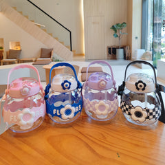 1100ml Big Belly Cup With Straw Cartoon Flower Handle Water Bottle