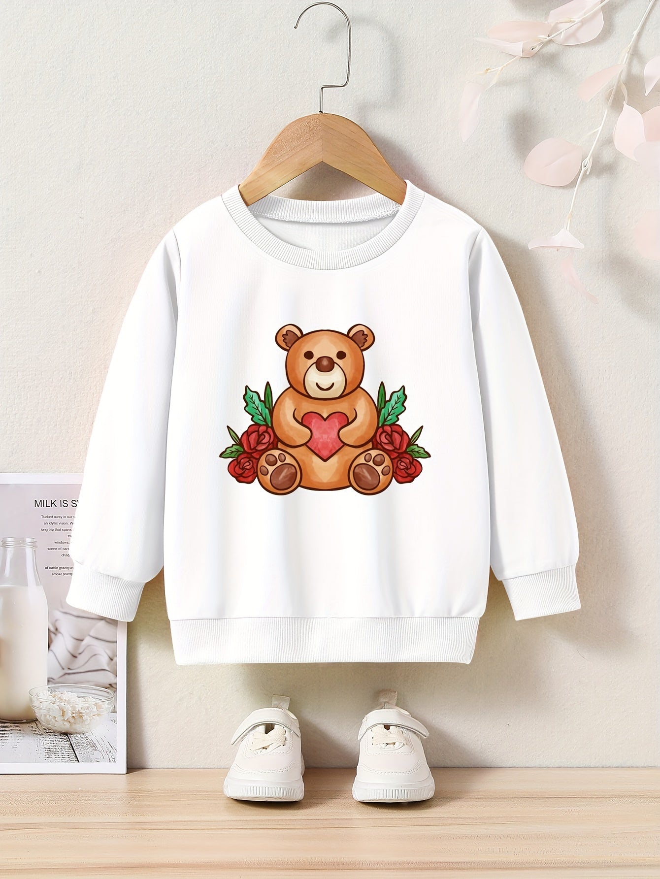 Cartoon Bear Print Girls Casual Pullover Sweatshirt Long Sleeve Tops