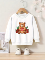 Cartoon Bear Print Girls Casual Pullover Sweatshirt Long Sleeve Tops