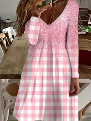 Ombre Plaid Print Long Sleeve V Neck Dress