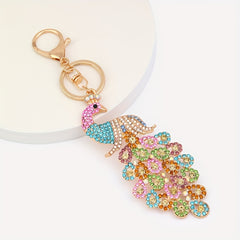 Metal Inlaid Diamond Peacock Keychain Car Pendant Gift