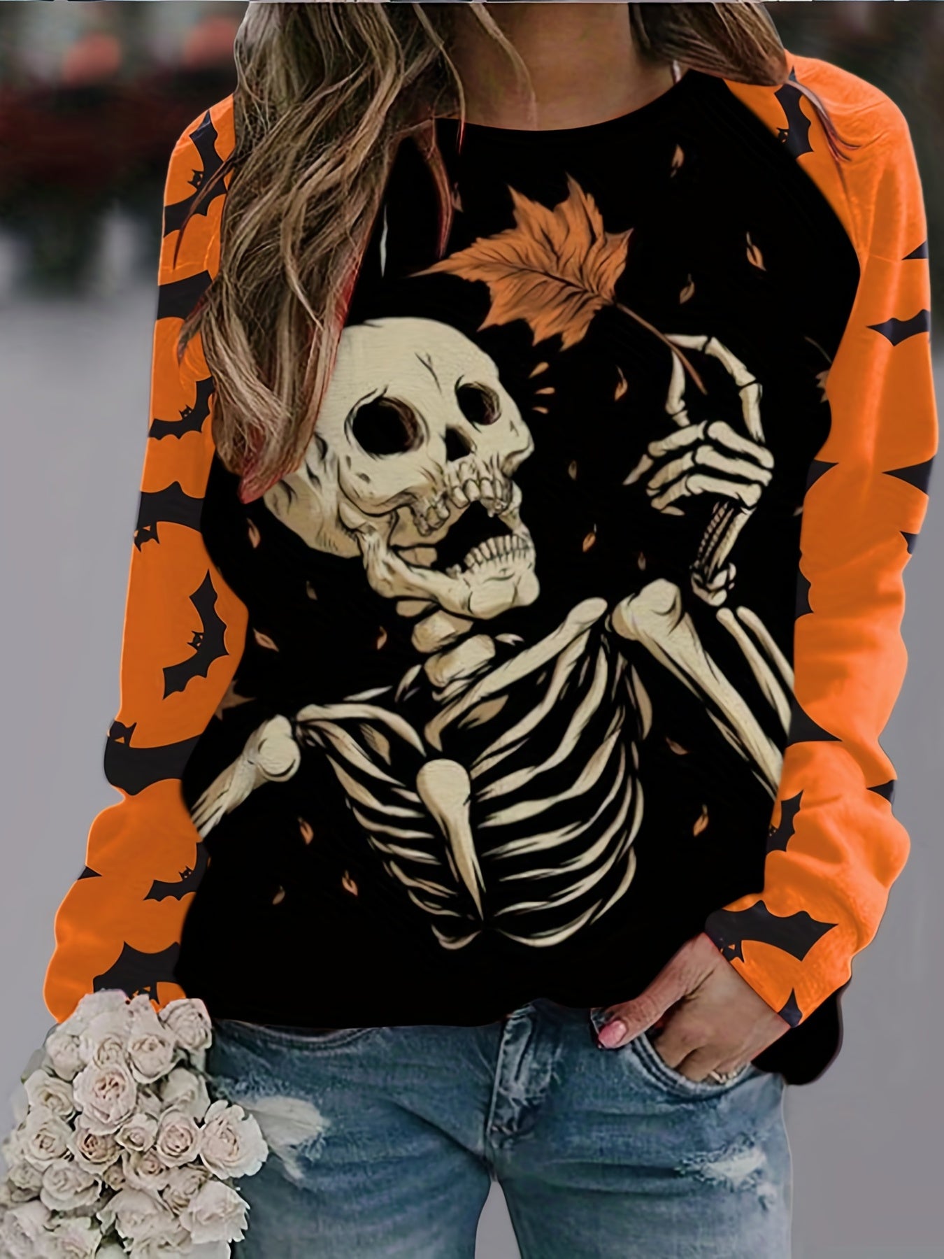 Skeleton Print Colorblock Pullover Sweatshirt for Women