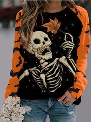 Skeleton Print Colorblock Pullover Sweatshirt for Women