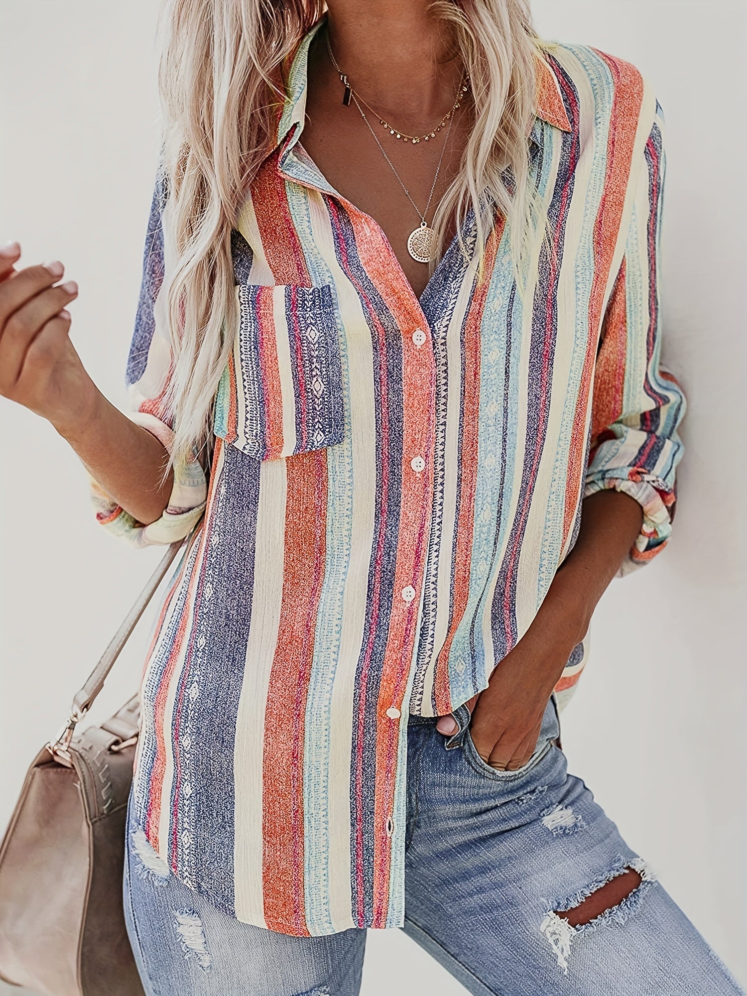 Casual Blouse Women's Plus Stripe Print Button Up Shirt