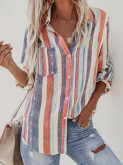 Casual Blouse Women's Plus Stripe Print Button Up Shirt