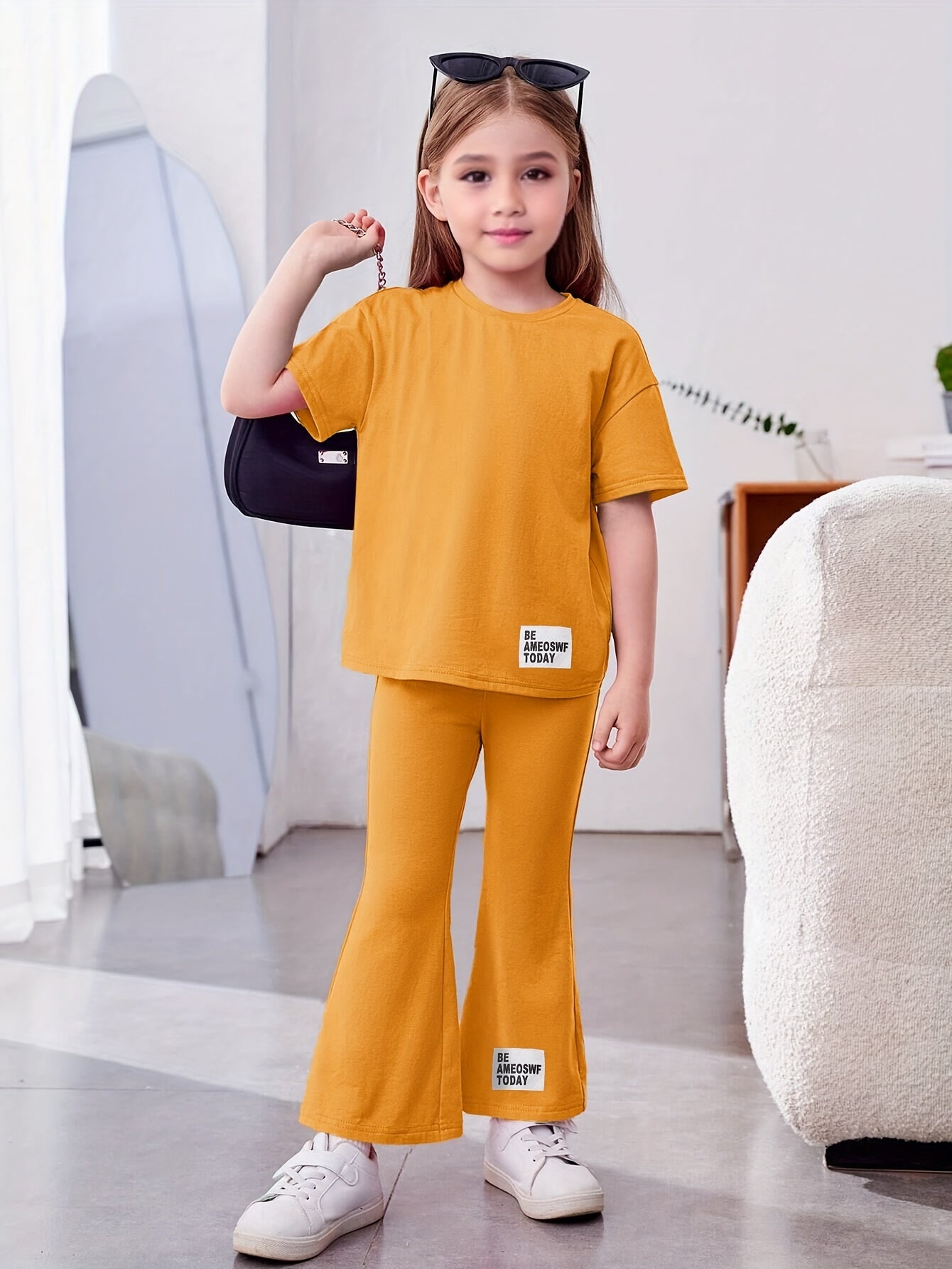Girl's 2pcs Tshirt & Flared Pants Set BE AWESOME TODAY Patched Short Sleeve Top
