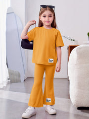 Girl's 2pcs Tshirt & Flared Pants Set BE AWESOME TODAY Patched Short Sleeve Top