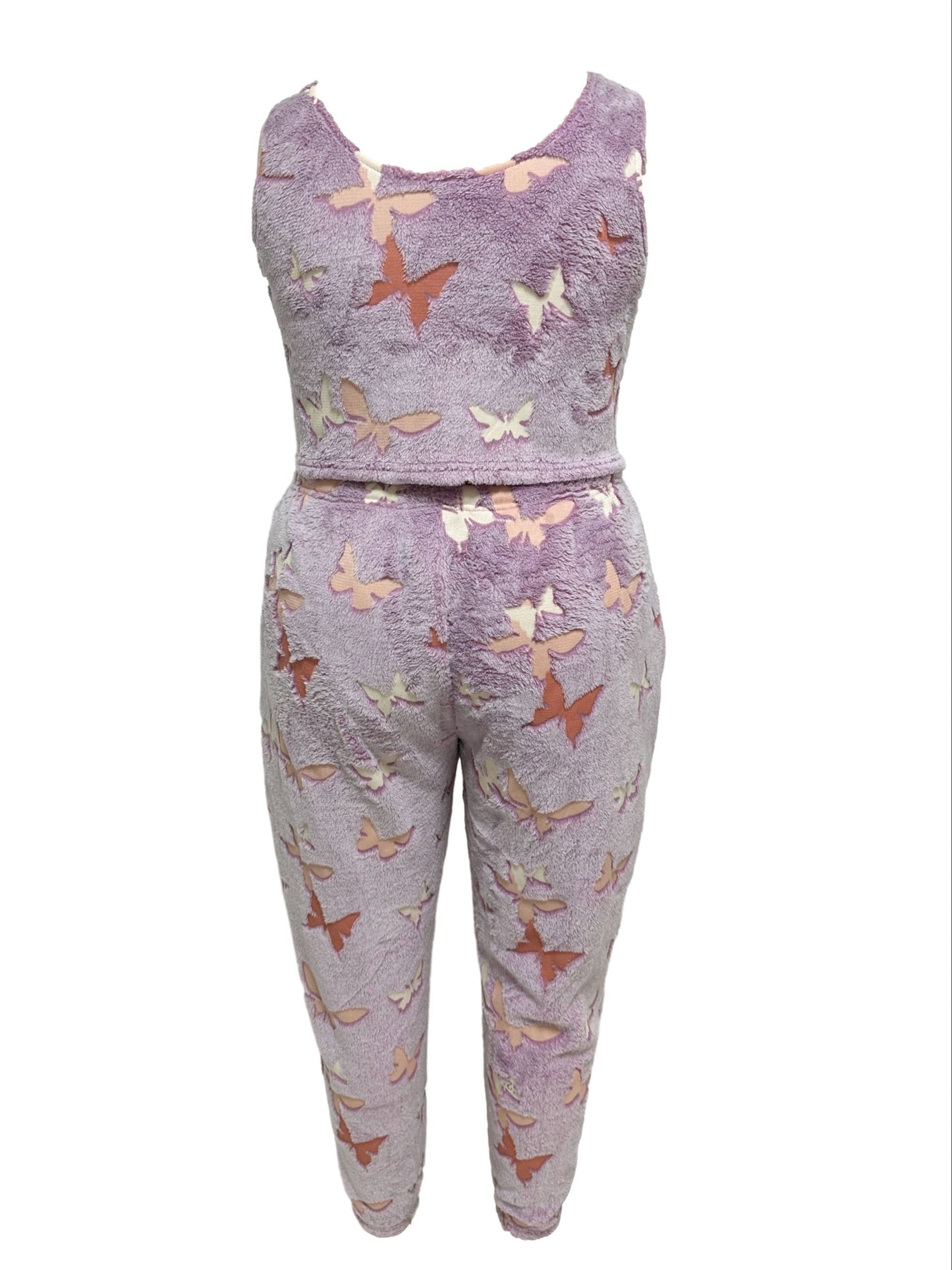 Women's Plus Butterfly Flannel Tank Top & Pants Pajama Set