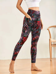 Leaf Print Casual Yoga Pants High Stretch With Side Pocket