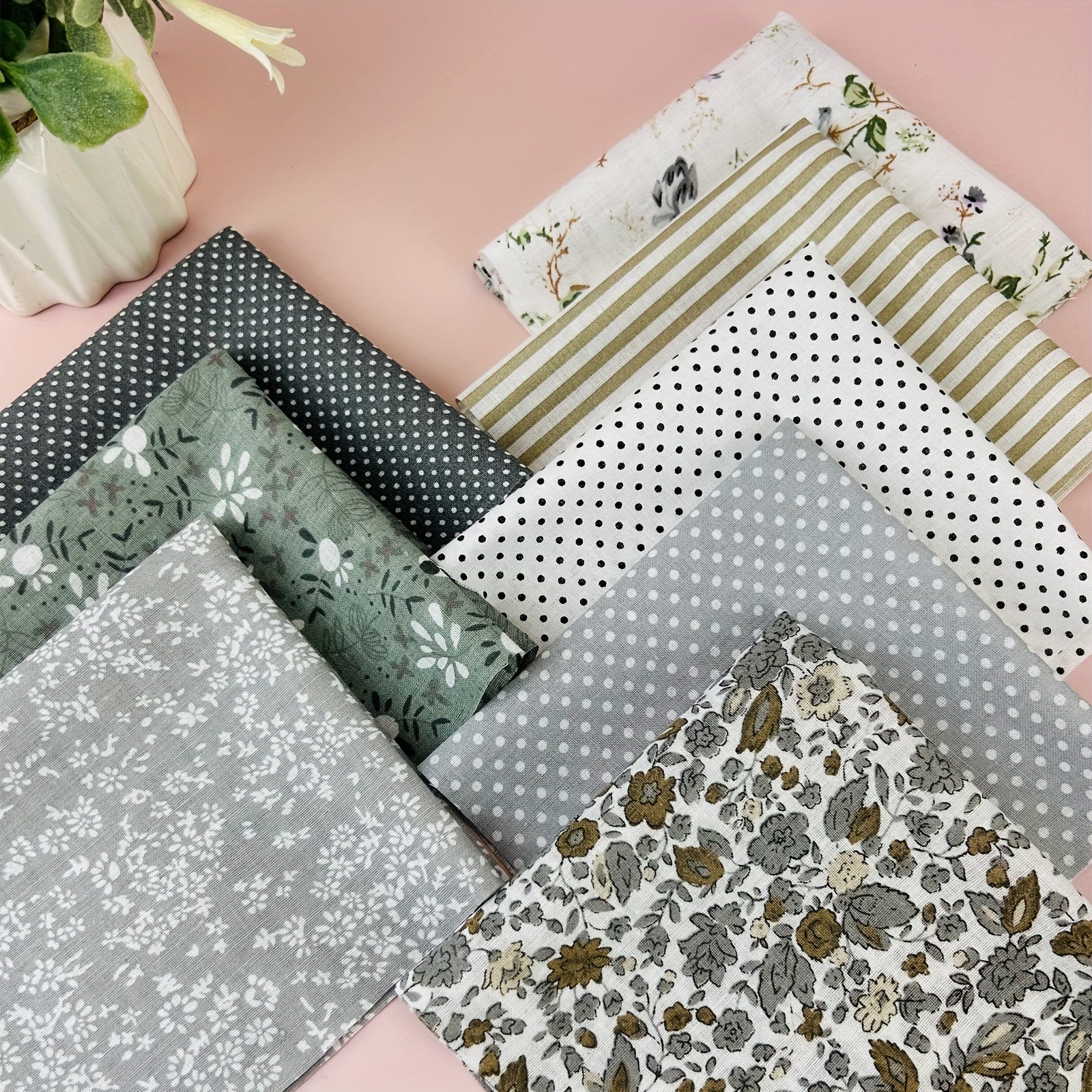 8pcs Gray Cotton Fabric Bundle Floral Sewing Supplies For Patchwork DIY