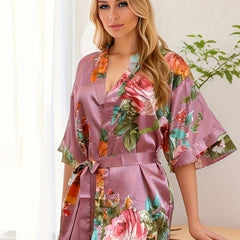 Floral Print V-Neck Night Robe with Belt
