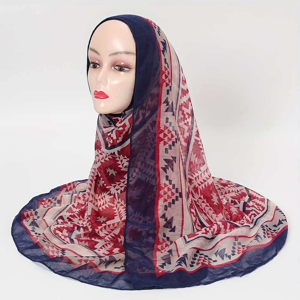 Red Geometric Print Voile Scarf Vintage Thin Classic Windproof Wraps