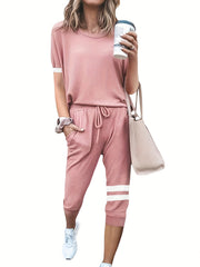 Casual Two-Piece Set Crew Neck Long Sleeve Tops & Drawstring Striped Pants