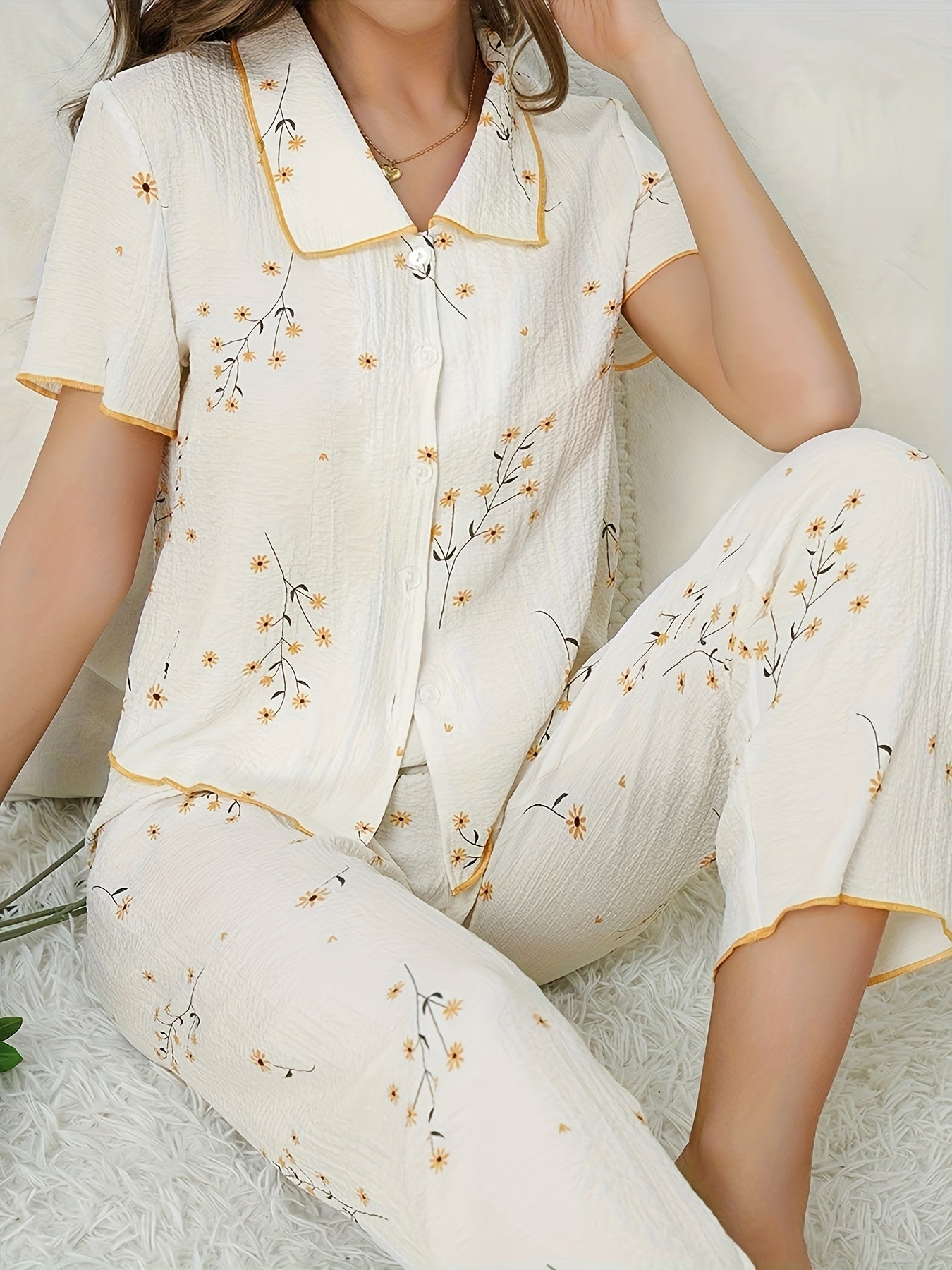 Floral Print Pajama Set Short Sleeve Top & Pants