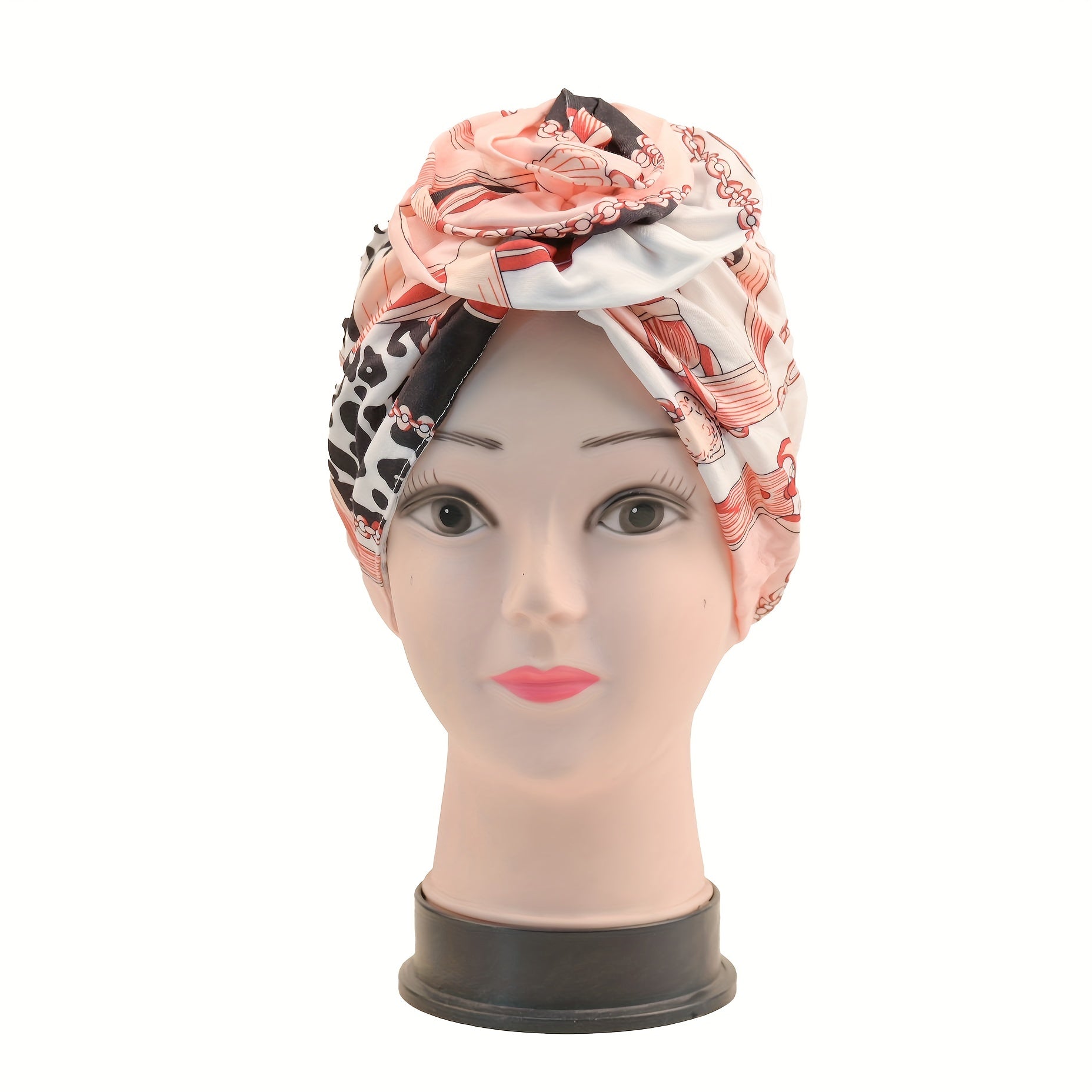 Pleated Bow Turban Cap Printed Head Wrap Elastic Hijab Bonnet