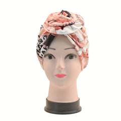 Pleated Bow Turban Cap Printed Head Wrap Elastic Hijab Bonnet