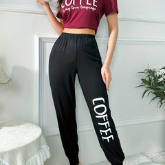 Letter Print Pajamas Set Short Sleeve Crew Neck Top & Pants