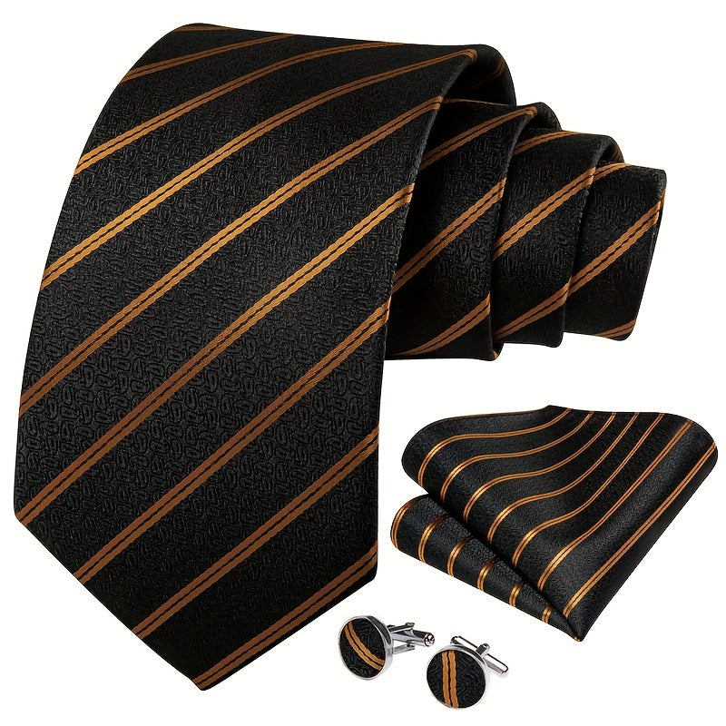 Men's Golden Striped Silk Necktie Set Wedding