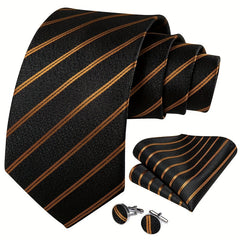 Men's Golden Striped Silk Necktie Set Wedding