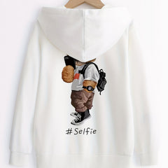 Selfie Bear Print Boys Casual Pullover Hooded Sweatshirt