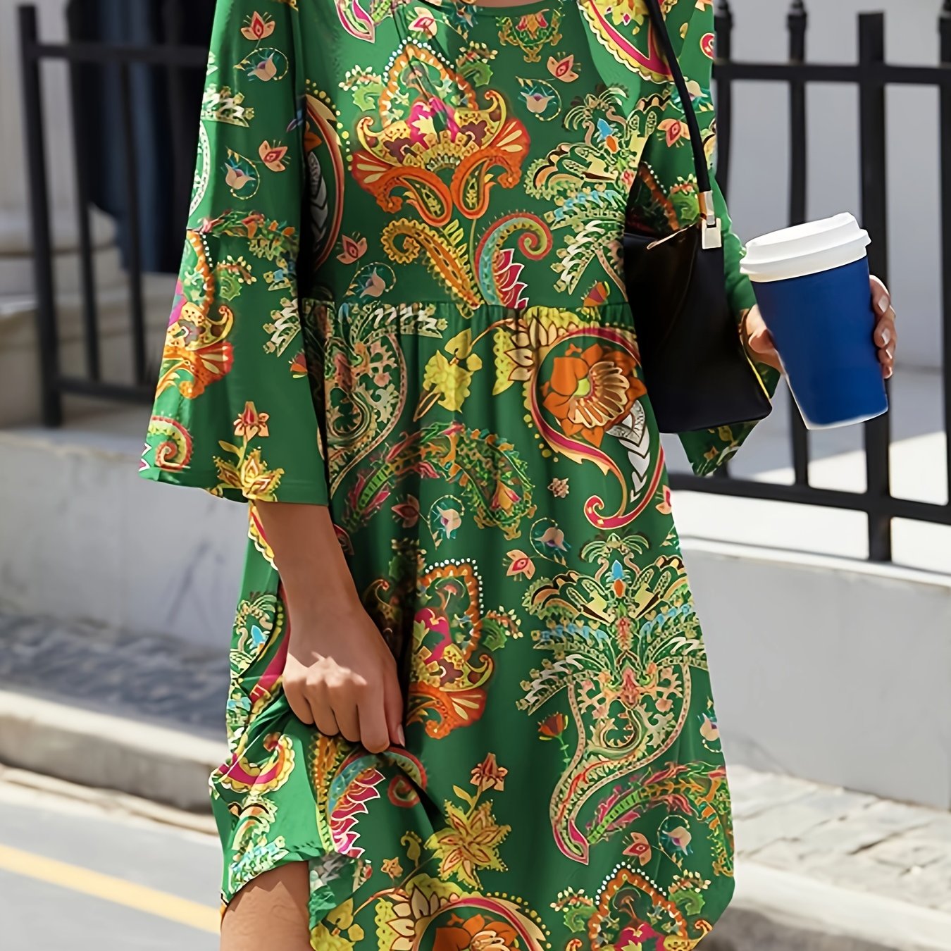 Boho Plus Size Paisley Print Bell Sleeve Dress