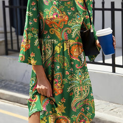 Boho Plus Size Paisley Print Bell Sleeve Dress