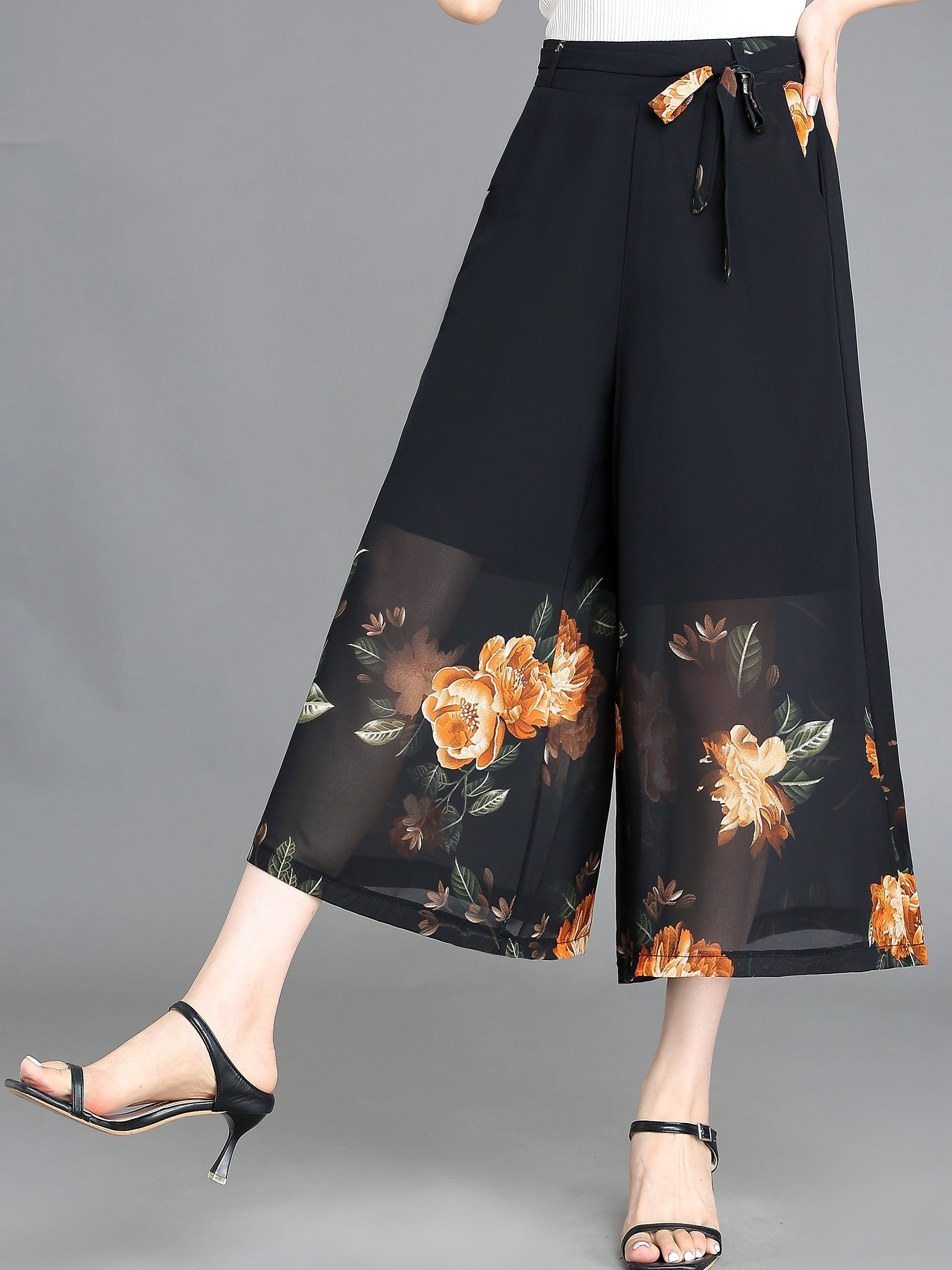 Floral Pattern Chiffon Wide Leg Pants for Women