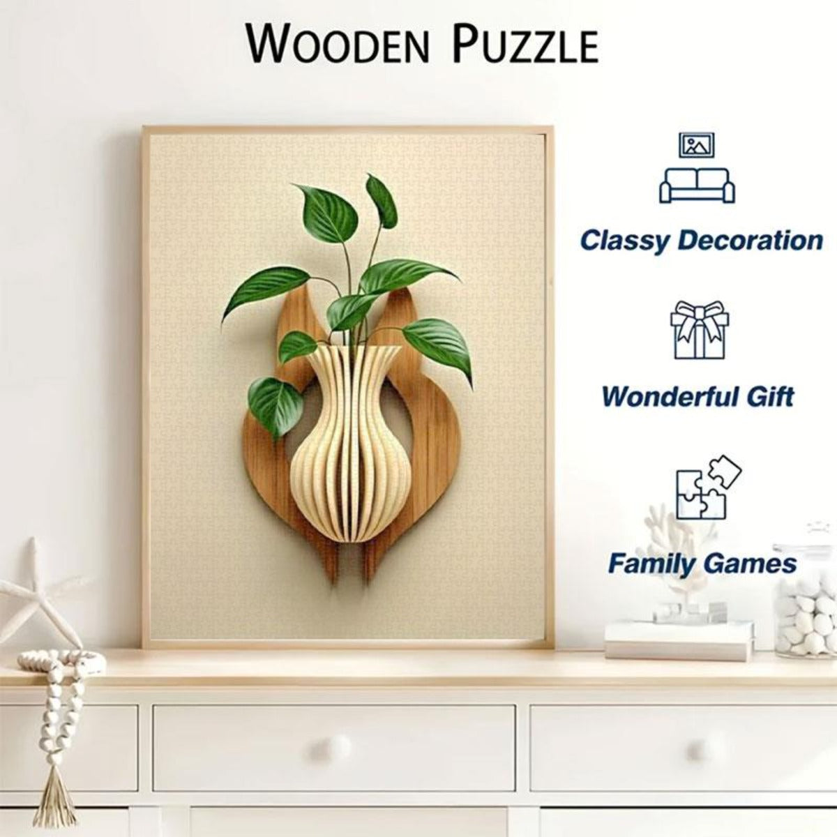 3D Vase Puzzle 1000pcs Wooden Texture & Green Leaves Challenge Adults