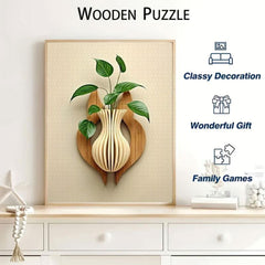 3D Vase Puzzle 1000pcs Wooden Texture & Green Leaves Challenge Adults