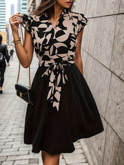 Geo Print Splicing Dress V Neck Ruffle Trim