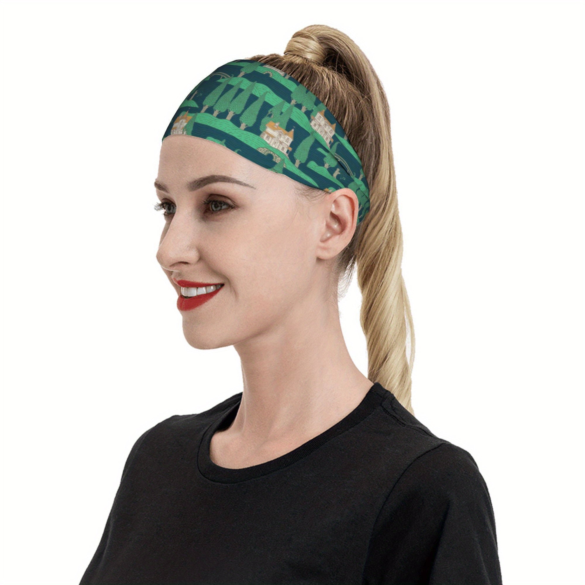 Vintage Style Dark Green Headband with Orange Castle Design