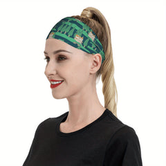 Vintage Style Dark Green Headband with Orange Castle Design