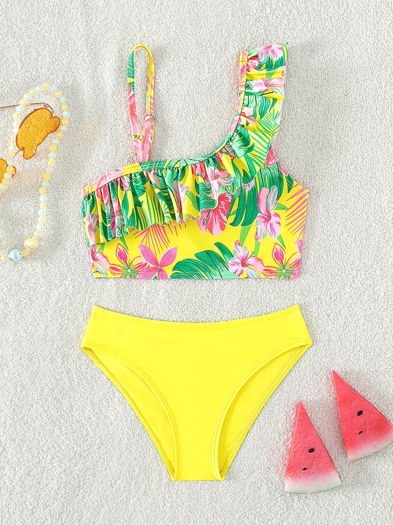Girl's Tropical Floral Swimsuit Set Ruffle Bikini Cami Top & Briefs