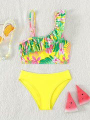 Girl's Tropical Floral Swimsuit Set Ruffle Bikini Cami Top & Briefs