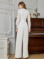 Lace Long Sleeve Tie Waist Jumpsuit Wide Leg