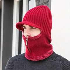 Winter Knitted Hat with Zipper Mask Velvet Thick Hat Scarf