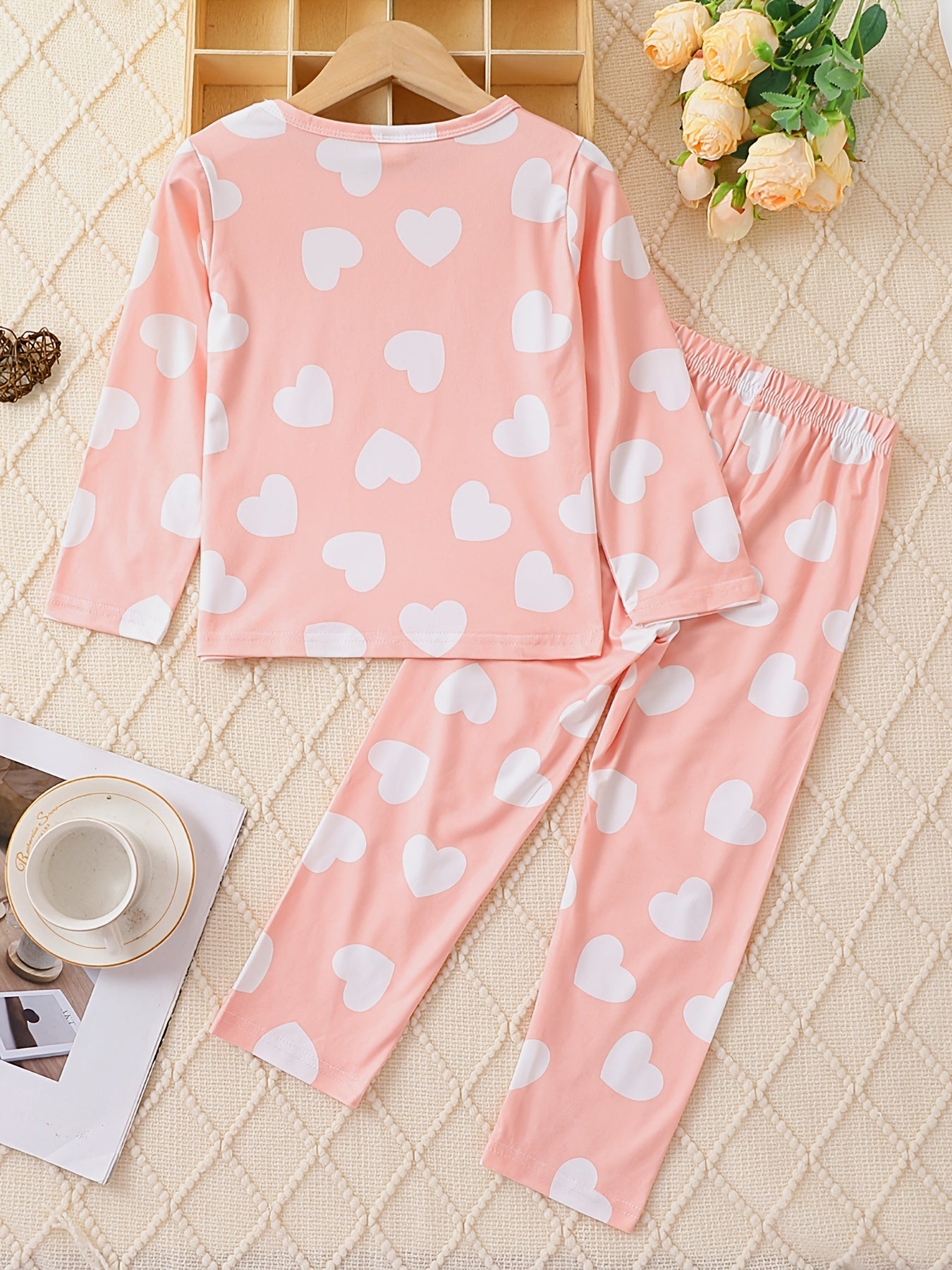 Heart Print Kid's Pajamas 2pcs Long Sleeve Top & Pants Set