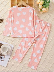 Heart Print Kid's Pajamas 2pcs Long Sleeve Top & Pants Set