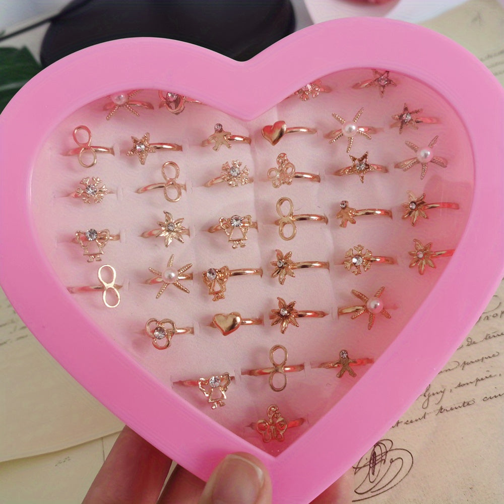 5pcs Kids Bow Heart Adjustable Alloy Golden Hollow Out Ring