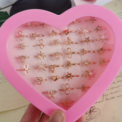 5pcs Kids Bow Heart Adjustable Alloy Golden Hollow Out Ring