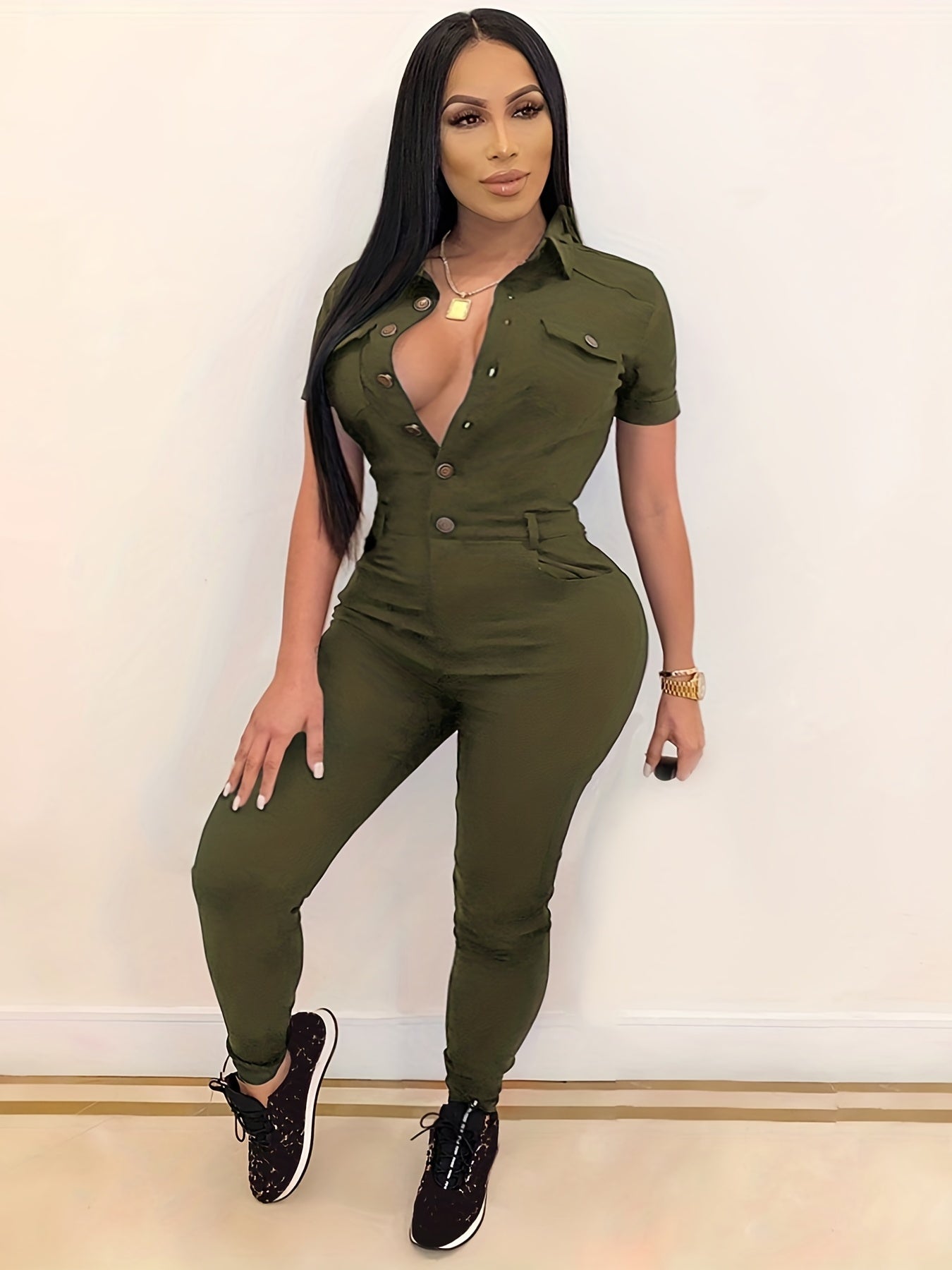Casual Jumpsuit Women's Plus Short Sleeve Button Up Jumpsuit