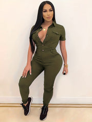 Casual Jumpsuit Women's Plus Short Sleeve Button Up Jumpsuit
