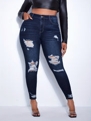 Retro Jeans Women's Plus Ripped Skinny Stretch Washed Jeans
