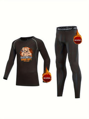2pcs Kids Puppy Print Fleece Lined Compression Base Set