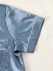 Solid Satin Pajamas Set Short Sleeve Buttons Top & Bow Pants