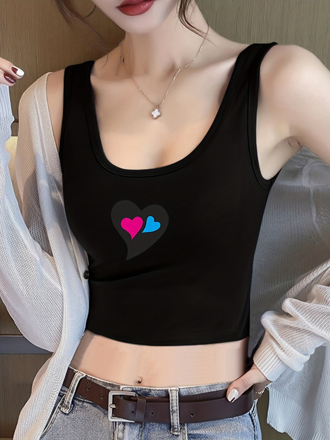 Heart Print Crop Tank Top Casual Sleeveless Tank Top