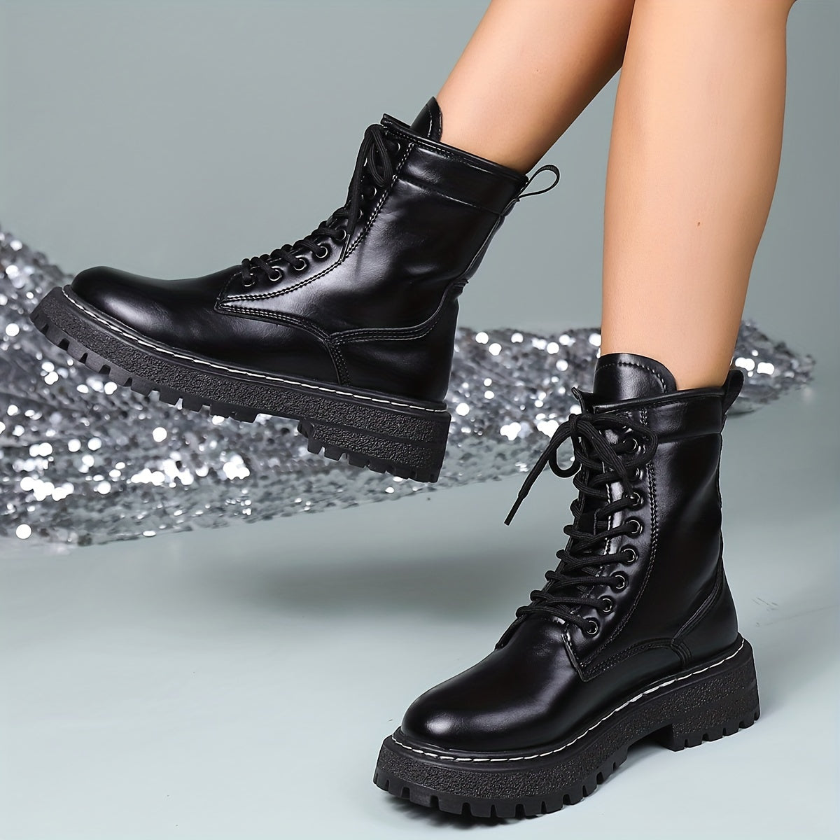 Women's Lace Up Platform Combat Boots High Round Toe Non slip
