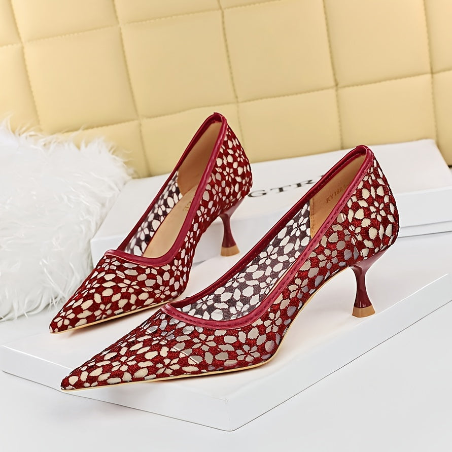 Lace Kitten Heel Shoes Pointed Toe Dress Pumps