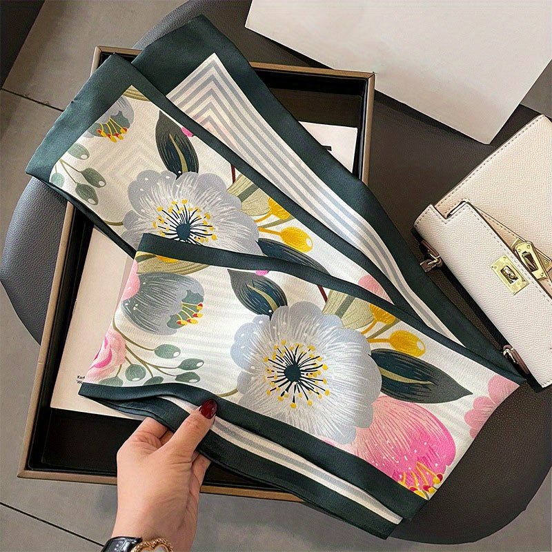 Flower Print Skinny Scarf Double Layer Silk Scarf Long Ribbon Neck Tie