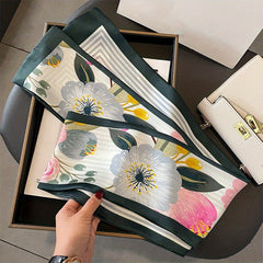 Flower Print Skinny Scarf Double Layer Silk Scarf Long Ribbon Neck Tie